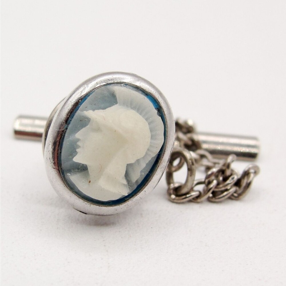 Vintage Swank Blue Cameo Tie Tack Pin Chain Bar Intaglio Centurion Mens Jewelry